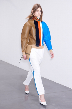 celine-fall-winter-2012-2013-leather-mixed-sweater-white-pants-with-light-blue-stripes